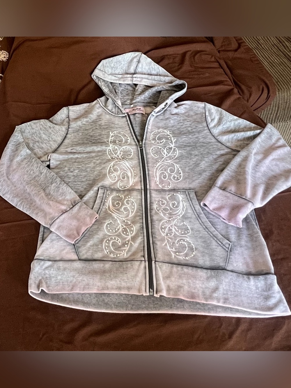 Y2K/Western Rhinestone Heather Gray Zip-UP Hoodie, XL BackintheSaddle